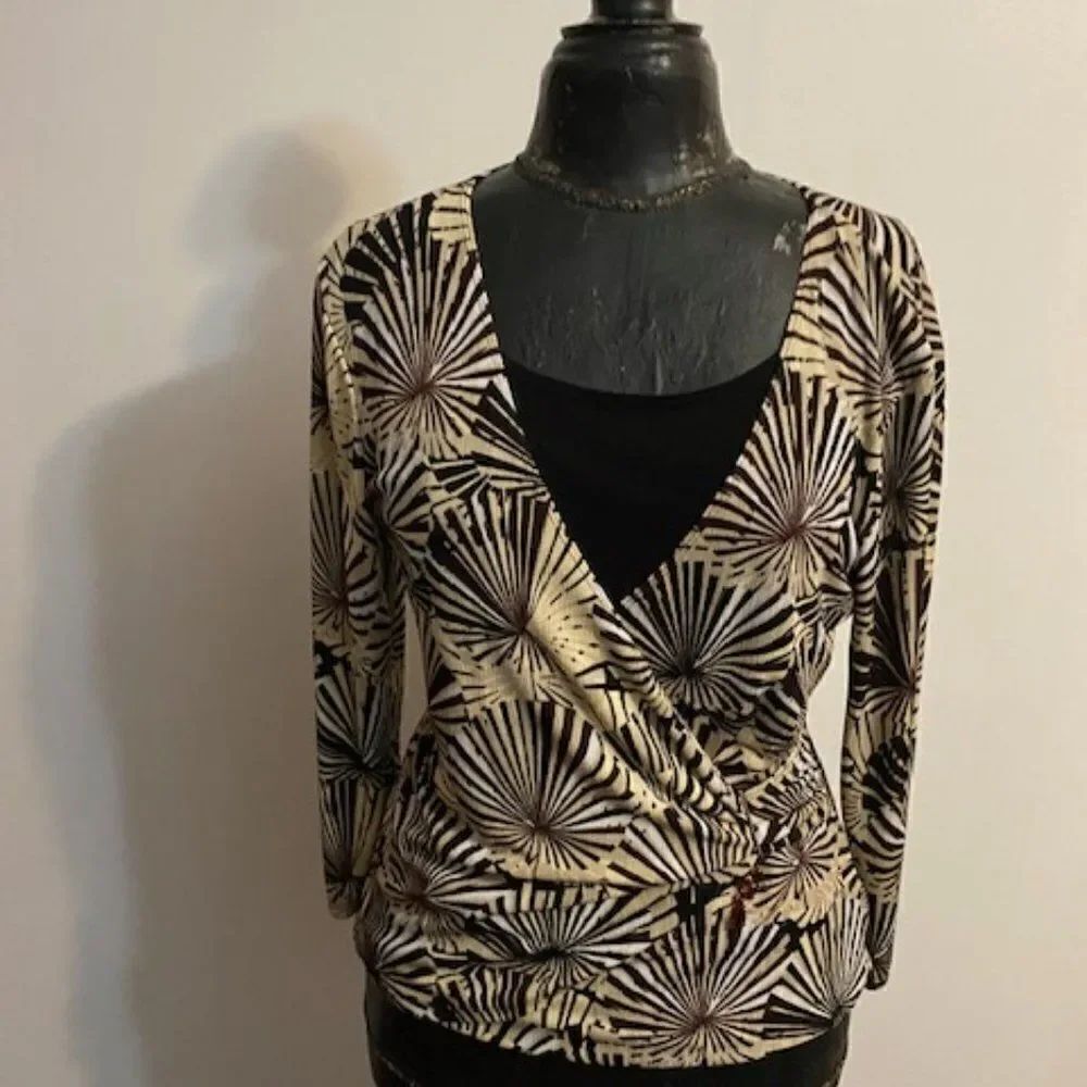 Notations Brown/Black/Tan geometric wrap front blouse, size S